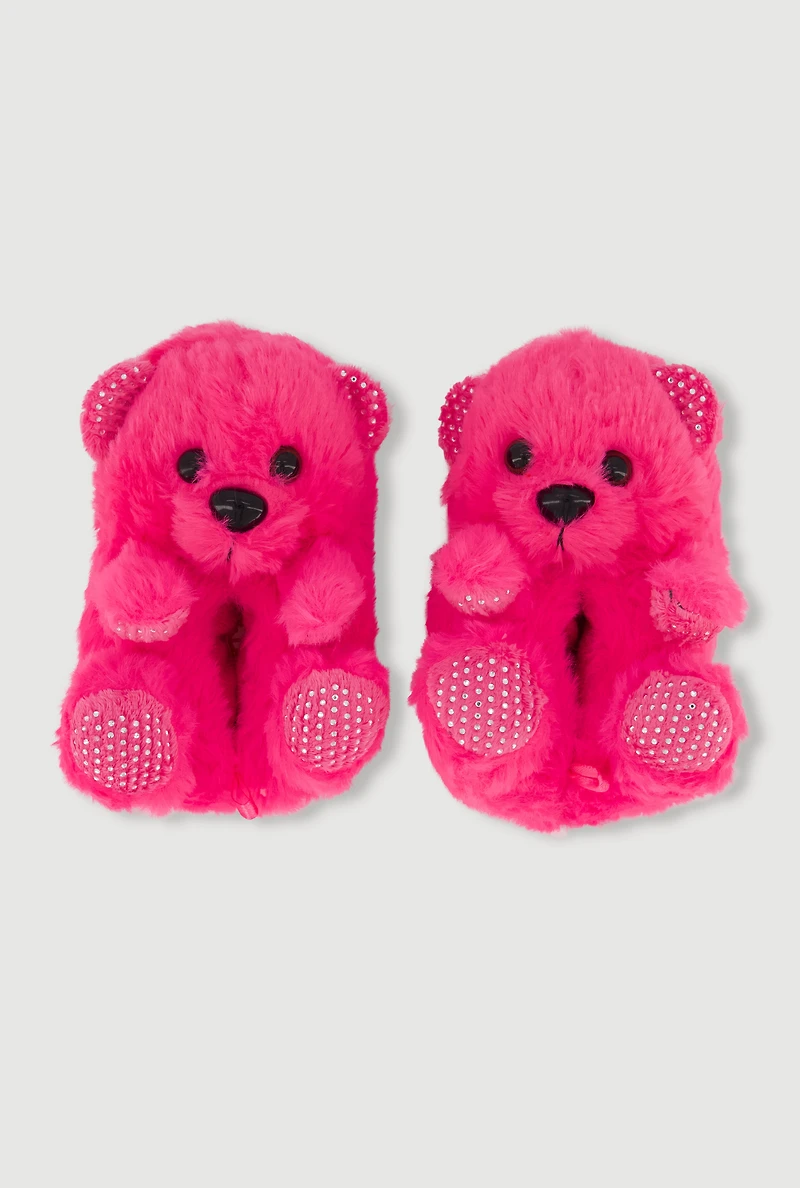 Womens Toddler Girls Rhinestone Bear Faux Fur Slippers, Pink, Size 6