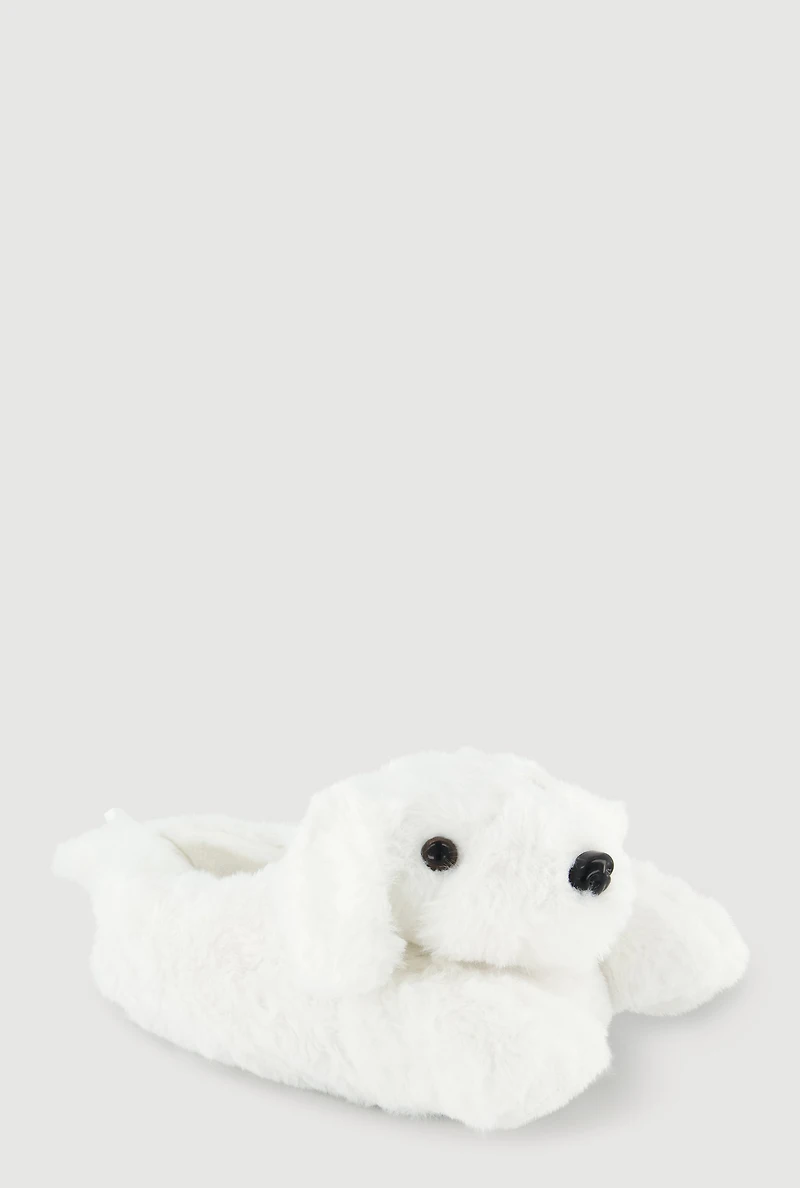 Womens Girls Faux Fur Maltese Dog Slippers, White, Size 3