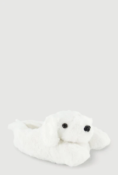 Womens Girls Faux Fur Maltese Dog Slippers, White, Size 3