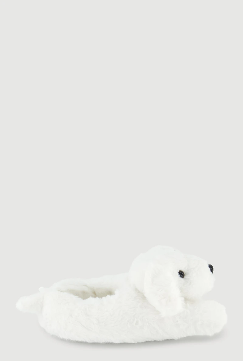 Womens Girls Faux Fur Maltese Dog Slippers, White, Size 3