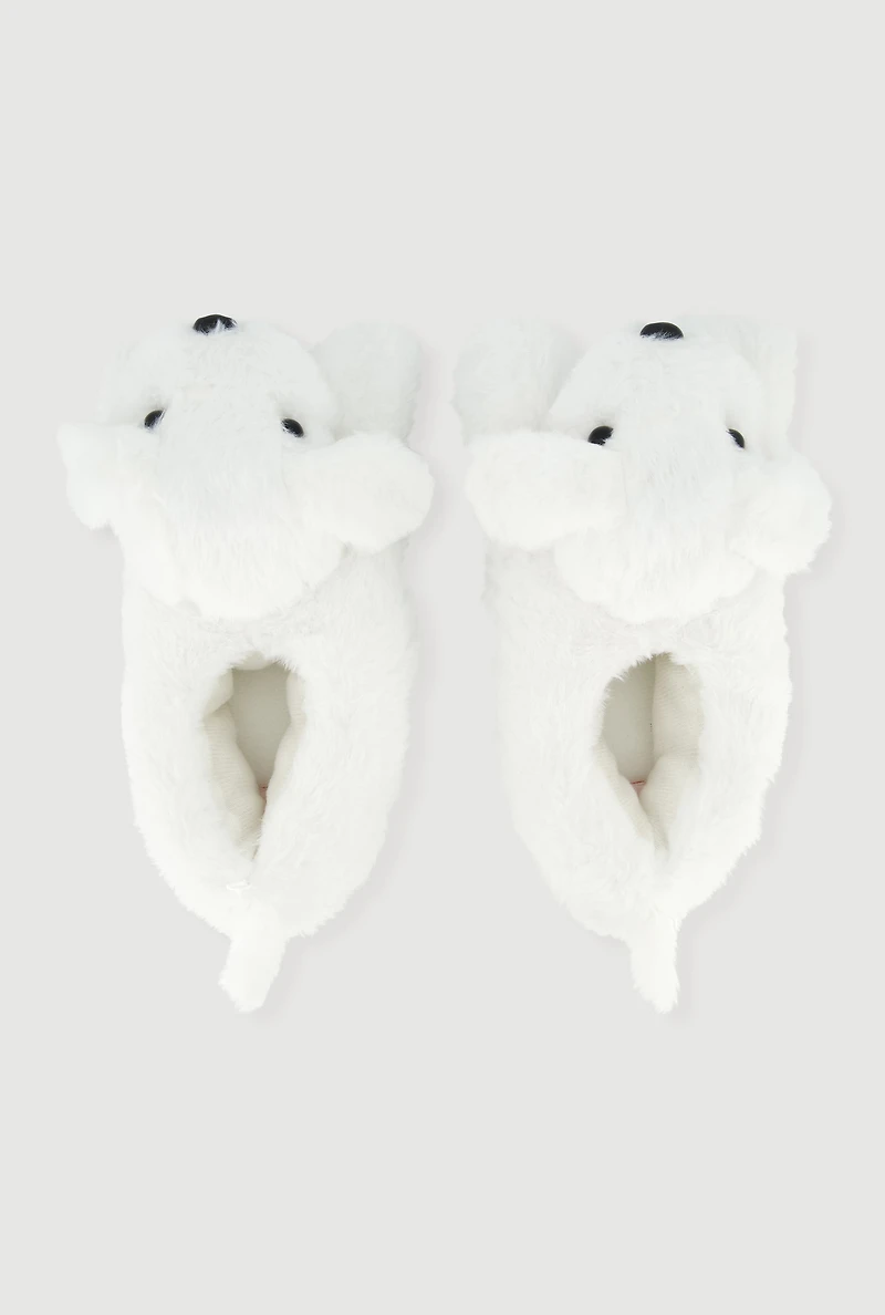 Womens Girls Faux Fur Maltese Dog Slippers, White, Size 3
