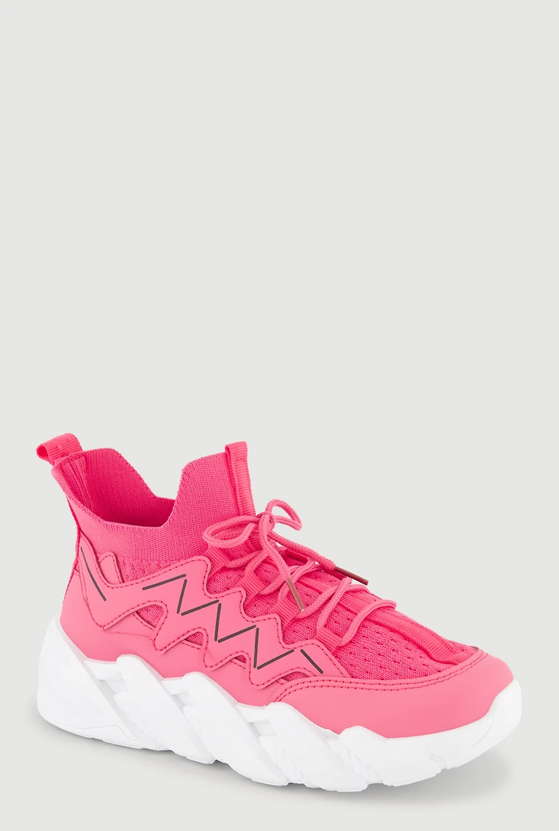 Womens Girls Slip On Chunky Lace Up Sneakers, Pink,