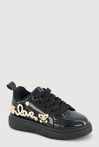 Womens Toddler Girls Rhinestone Love Graphic Metallic Detail Sneakers,