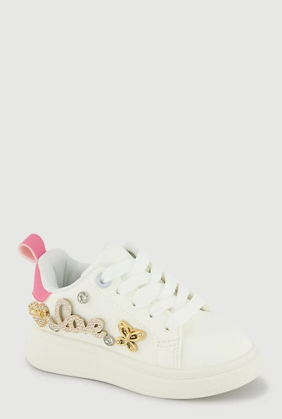 Womens Toddler Girls Rhinestone Love Graphic Metallic Detail Sneakers, White,