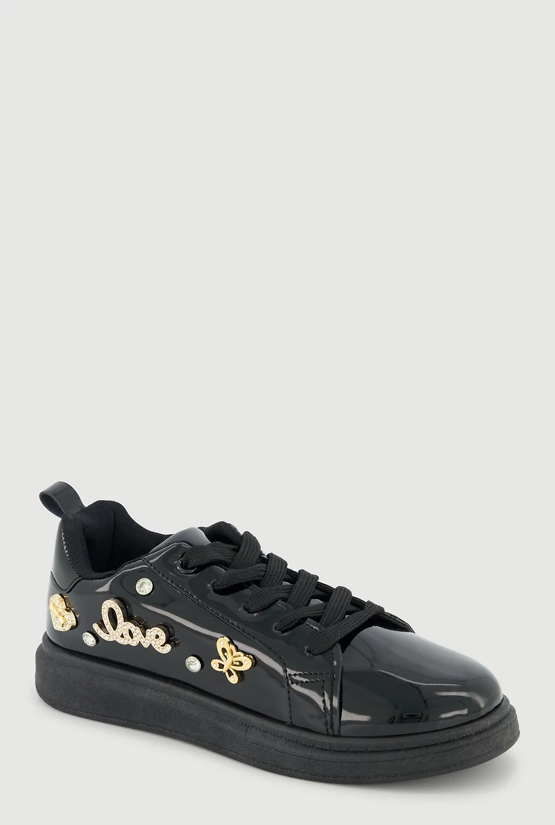 Womens Girls Love Rhinestone Studded Charm Lace Up Sneakers, Black, Size 12