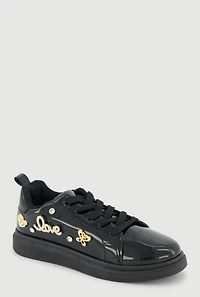 Womens Girls Love Rhinestone Studded Charm Lace Up Sneakers, Black, Size 12