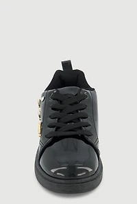 Womens Girls Love Rhinestone Studded Charm Lace Up Sneakers, Black, Size 12
