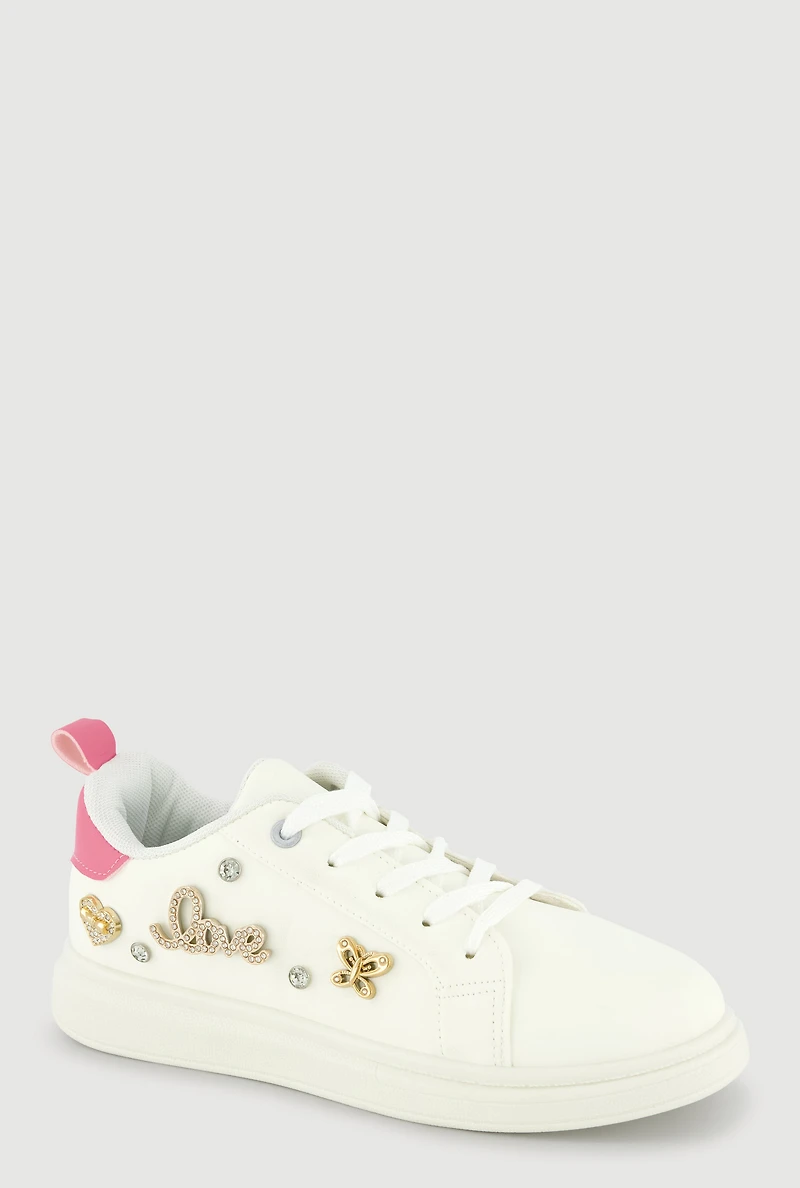 Womens Girls Love Rhinestone Studded Charm Lace Up Sneakers, White, Size 1