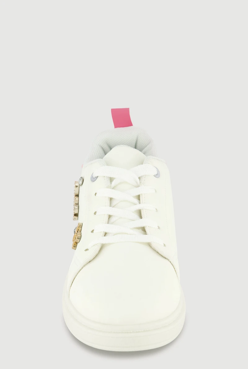 Womens Girls Love Rhinestone Studded Charm Lace Up Sneakers, White, Size 1