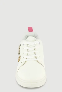 Womens Girls Love Rhinestone Studded Charm Lace Up Sneakers, White, Size 1