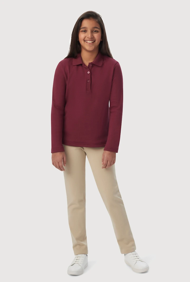 French Toast Girls 4-6x Picot Collar Long Sleeve Interlock Polo