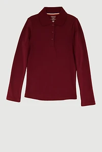 French Toast Girls 4-6x Picot Collar Long Sleeve Interlock Polo, Burgundy, Size 6-6X