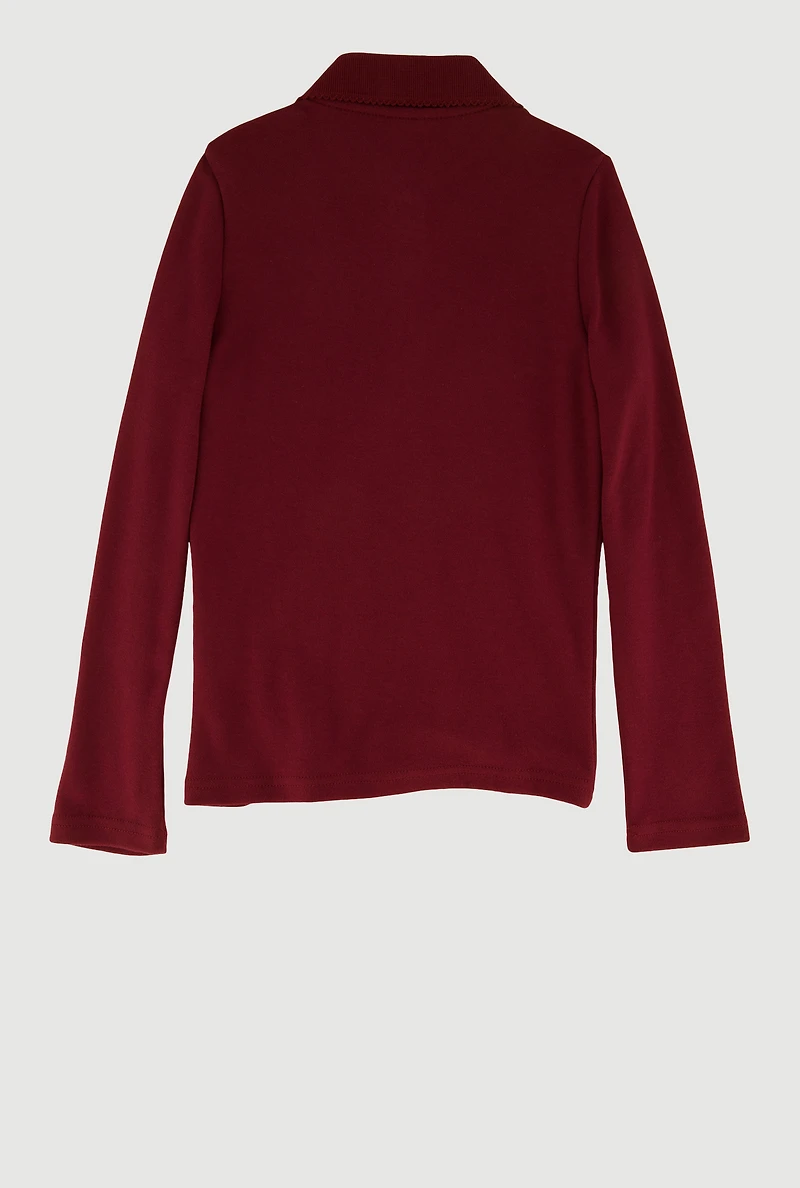 French Toast Girls 4-6x Picot Collar Long Sleeve Interlock Polo, Burgundy, Size 4-5