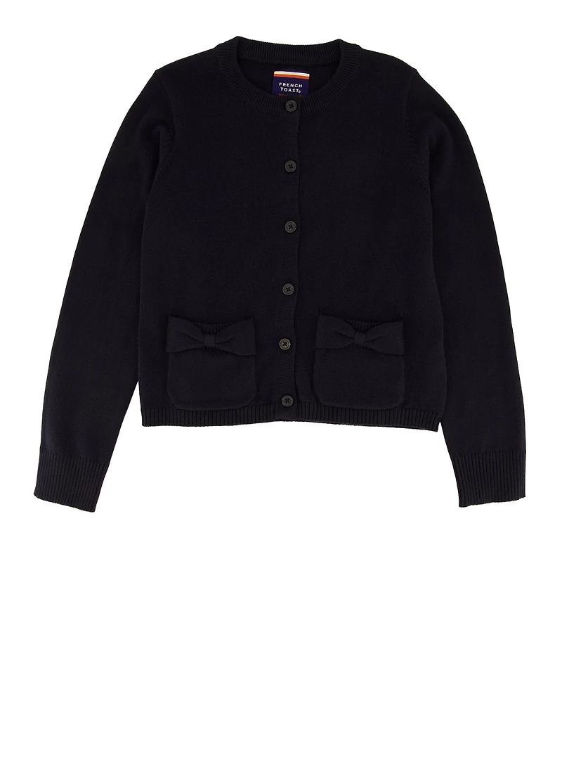 French Toast Girls 4-6x Bow Pocket Cardigan, Blue,