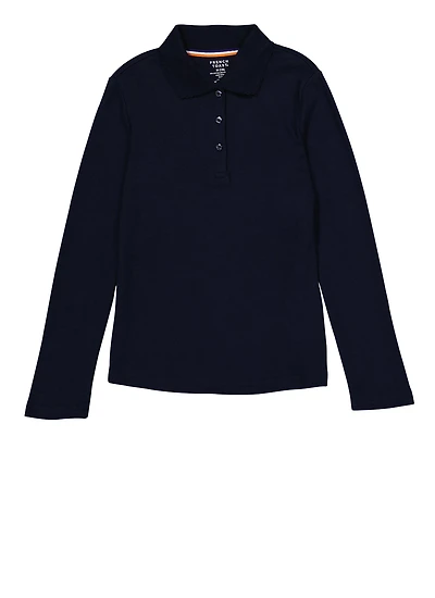 French Toast Girls 7-14 Picot Collar Long Sleeve Polo, Blue,