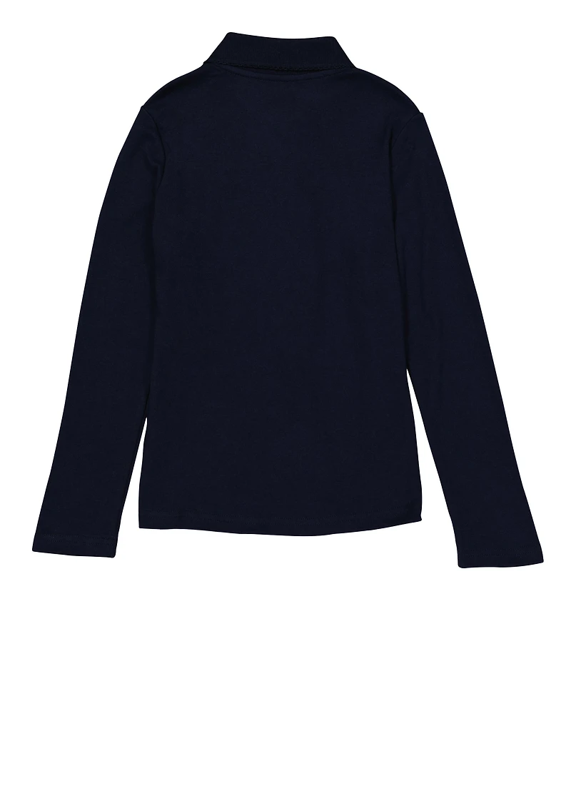 French Toast Girls 7-14 Picot Collar Long Sleeve Polo, Blue, Size 14-16