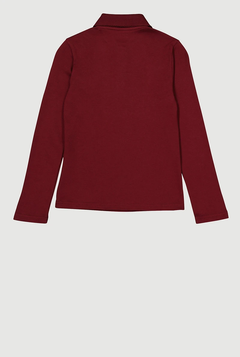 French Toast Girls 7-14 Picot Collar Polo Shirt, Burgundy, Size 14-16