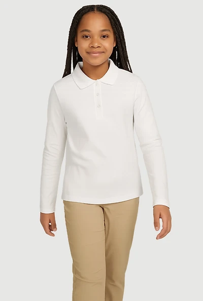 Girls 7-14 Picot Collar Long Sleeve Polo Uniform Shirt, White,