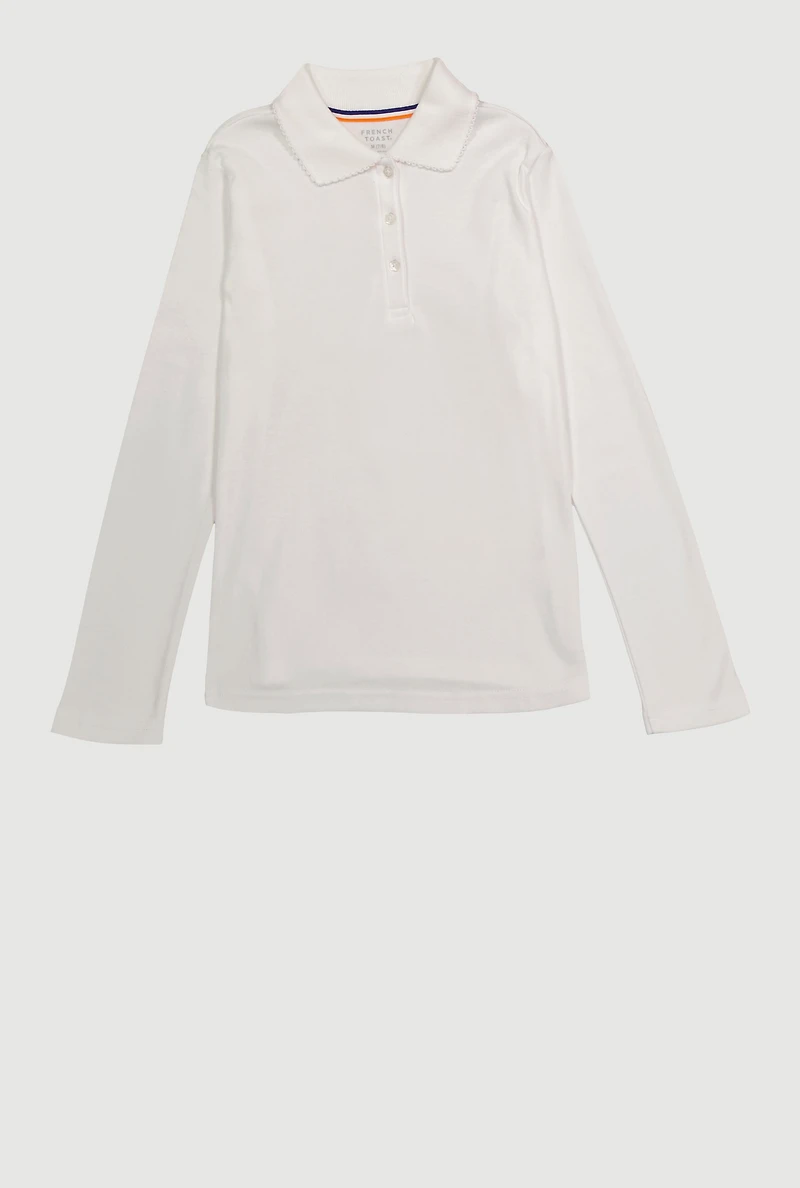 Girls 7-14 Picot Collar Long Sleeve Polo Uniform Shirt, White,