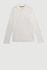 Girls 7-14 Picot Collar Long Sleeve Polo Uniform Shirt, White,