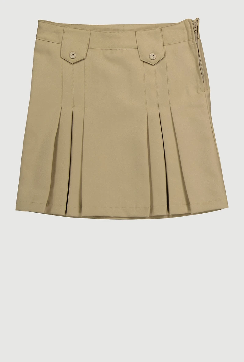 Girls 7-14 Tabbed Pleated Front Side Zip Skirt, Khaki,
