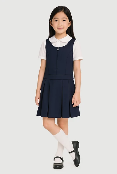 French Toast Girls 7-14 Zip Front Pleated Jumper, Blue, Size 10