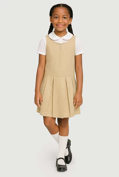 French Toast Girls 7-14 Solid Zip Front Pleated Jumper, Khaki, Size 10