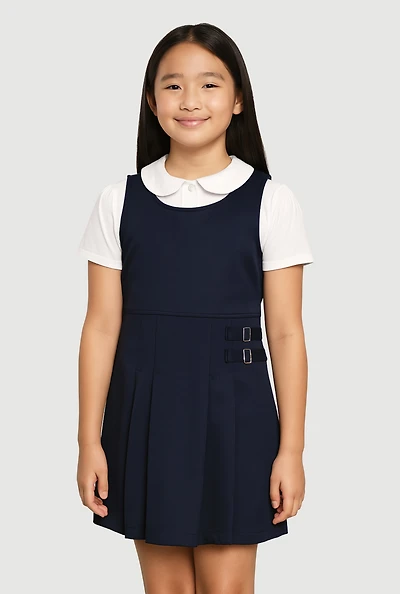 French Toast Girls 7-14 Buckle Detail Pleated Jumper, Blue, Size 12