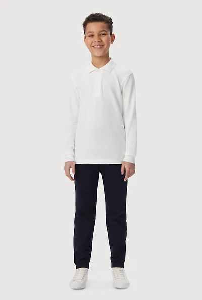 French Toast Boys 8-14 Long Sleeve Pique Polo Shirt, White, Size 14-16