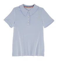French Toast Girls 4-6x Rhinestone Button Short Sleeve Polo, Blue, Size 4-5