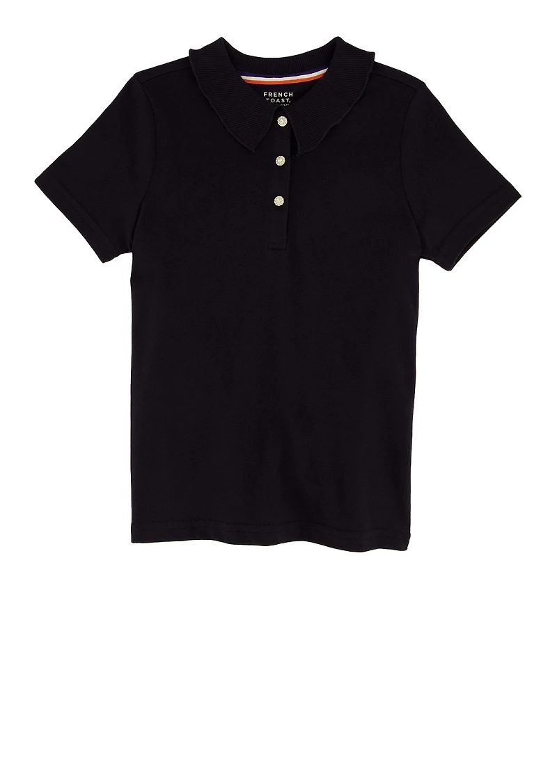 French Toast Girls 4-6x Solid Rhinestone Button Short Sleeve Polo, Blue, Size 4-5