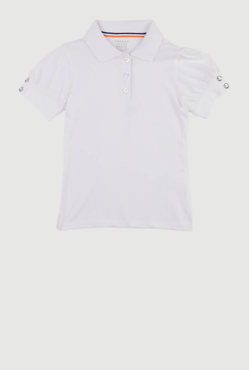 French Toast Girls 4-6x Rhinestone Button Puff Sleeve Polo, White,