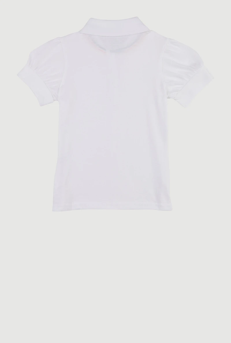 French Toast Girls 4-6x Rhinestone Button Puff Sleeve Polo, White,