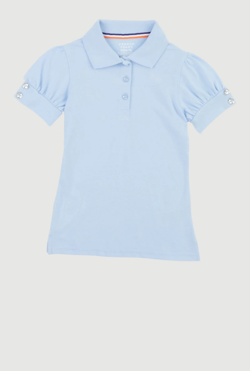 French Toast Girls 4-6x Puff Sleeves Collared Uniform Polo Shirt, Blue, Size 4-5