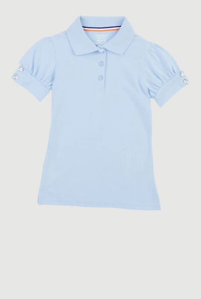 French Toast Girls 4-6x Puff Sleeves Collared Uniform Polo Shirt, Blue, Size 4-5