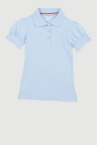 French Toast Girls 4-6x Puff Sleeves Collared Uniform Polo Shirt, Blue, Size 4-5