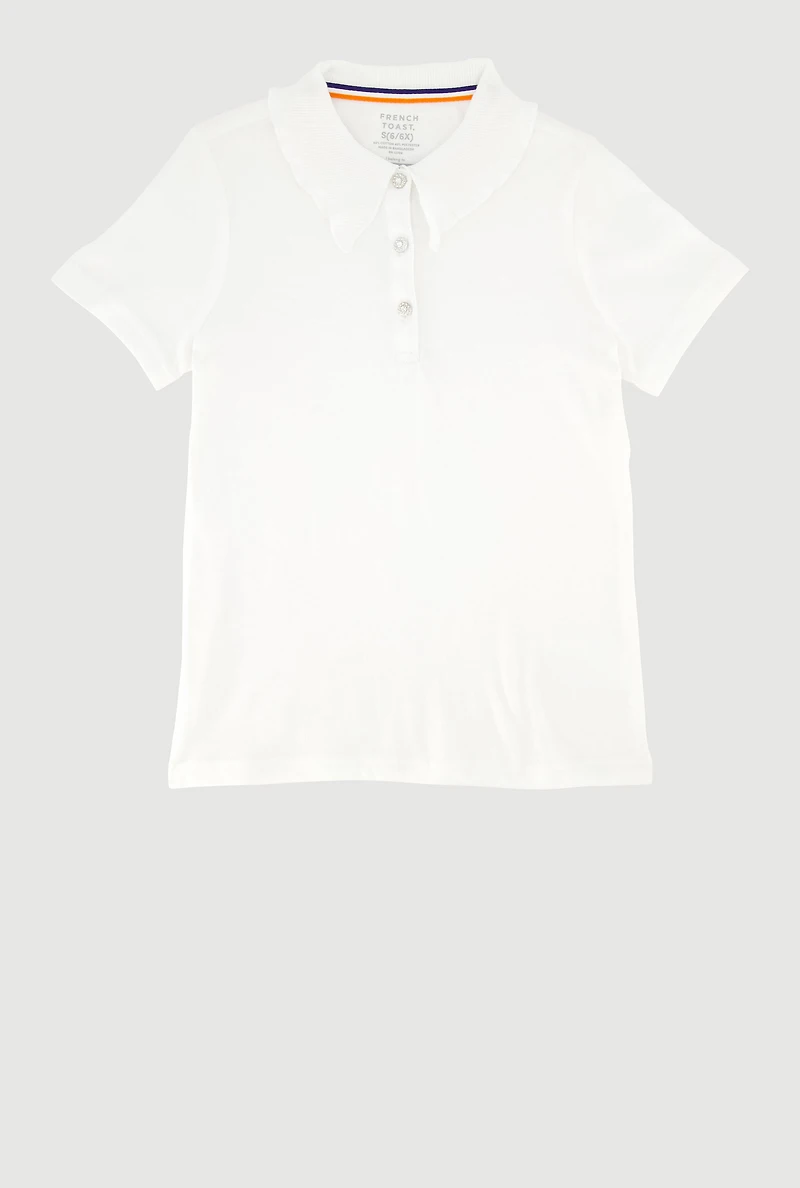 French Toast Girls 4-6x Rhinestone Button Polo Shirt, White,