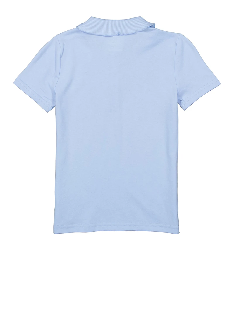 French Toast Girls 7-14 Lettuce Edge Rhinestone Button Polo Shirt, Blue,