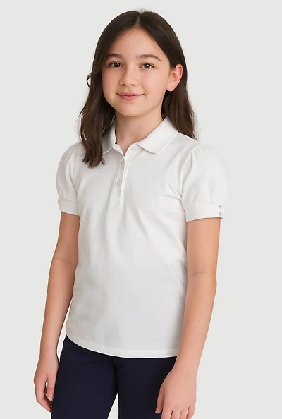French Toast Girls 7-16 Puff Sleeve Polo Uniform Shirt, White, Size 10-12