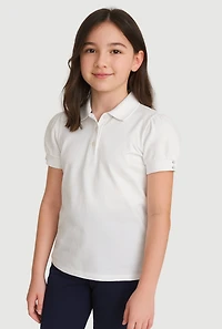 French Toast Girls 7-16 Puff Sleeve Polo Uniform Shirt, White, Size 10-12