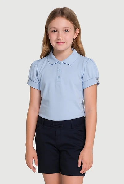 French Toast Girls 7-14 Puff Sleeve School Uniform Polo Shirt, Blue, Size 10-12