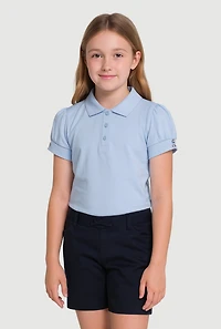 French Toast Girls 7-14 Puff Sleeve School Uniform Polo Shirt, Blue, Size 10-12