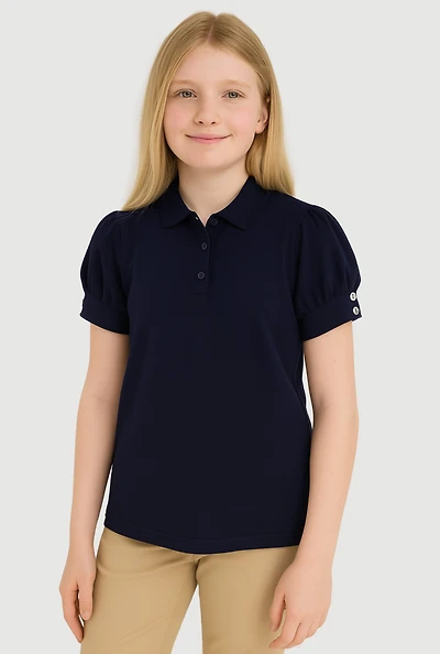 French Toast Girls 7-16 Puff Sleeve Uniform Polo Shirt, Blue, Size 14-16