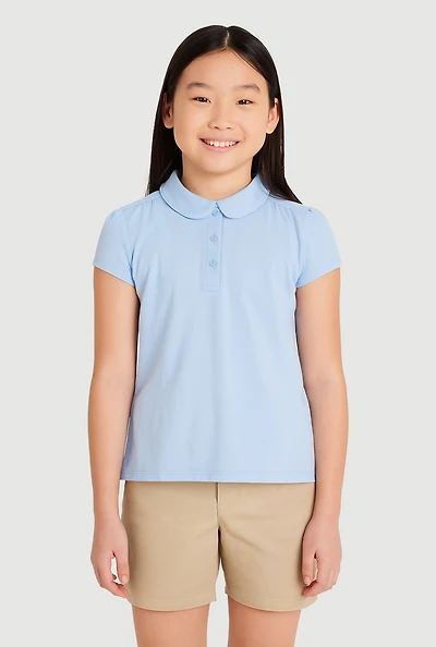 French Toast Girls 7-14 Solid Peter Pan Collar Polo Shirt, Blue, Size 10-12