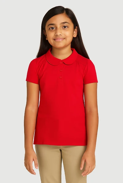 French Toast Girls 7-14 Pearl Button Front Polo Shirt, Red, Size 7-8