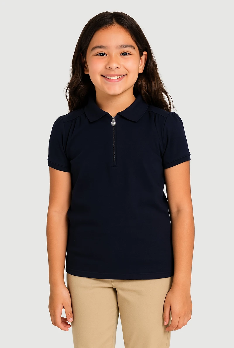 French Toast Girls 7-14 Zip Neck Puff Sleeve Polo Shirt, Blue, Size 14-16