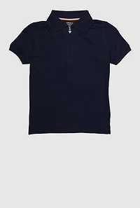French Toast Girls 7-14 Zip Neck Puff Sleeve Polo Shirt, Blue,