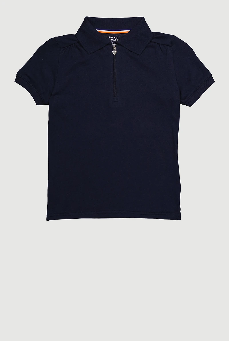 French Toast Girls 7-14 Zip Neck Puff Sleeve Polo Shirt, Blue, Size 14-16