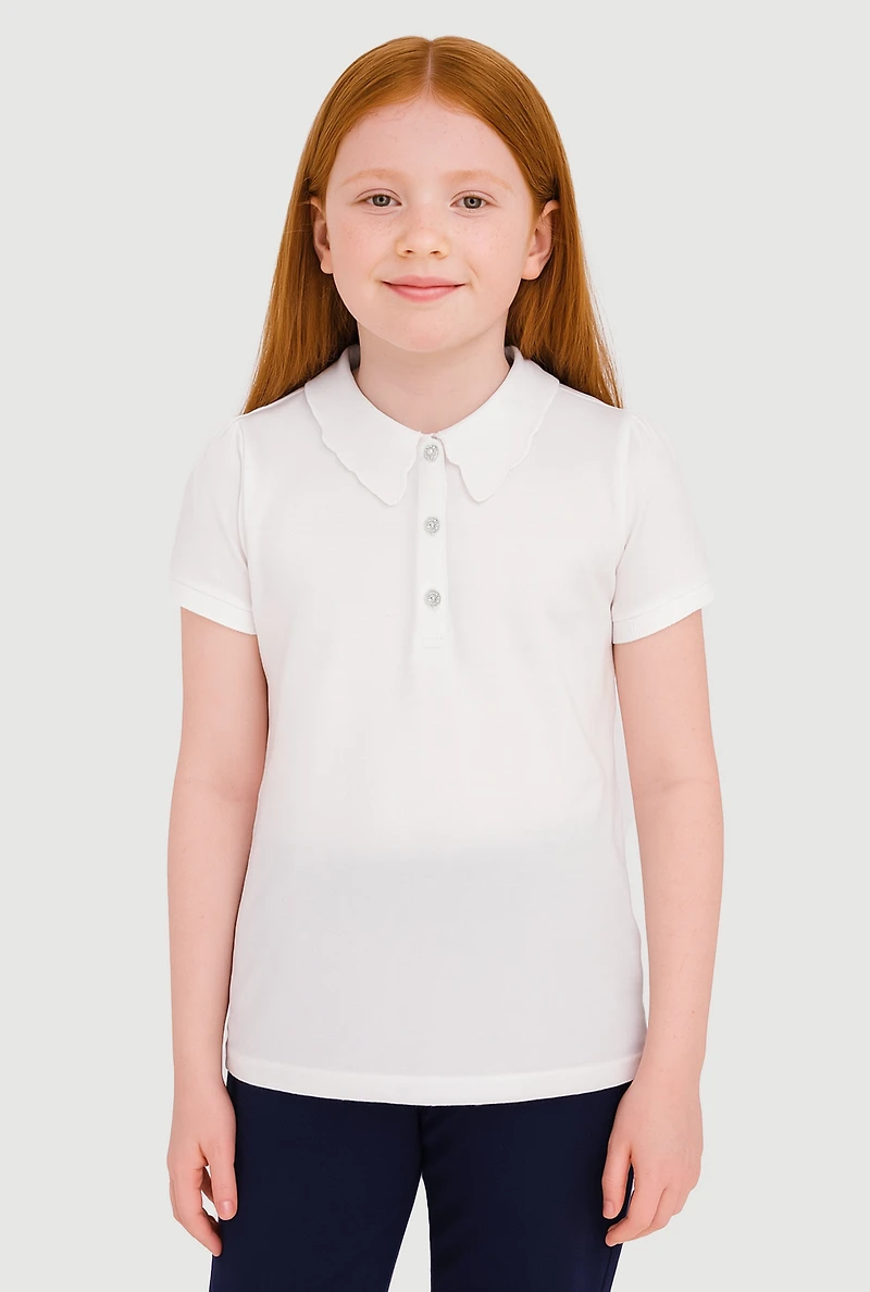 French Toast Girls 7-16 Polo Shirt with Rhinestone Buttons, White,