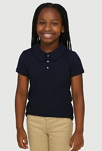 French Toast Girls 7-14 Rhinestone Button Polo Shirt, Blue, Size 10-12
